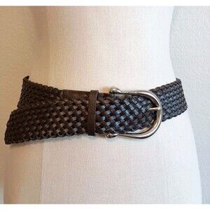 Michael Kors Woven Belt Leather 2" MK Silver Womens M Brown Braided
